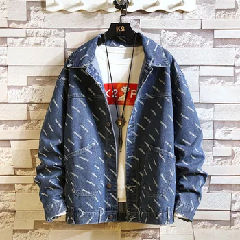 

Spring Denim Jacket Men's Fashion Washed Letter Printing Casual Denim Jacket Man Streetwear Hip Hop Loose Bomber Jacket M-5XL