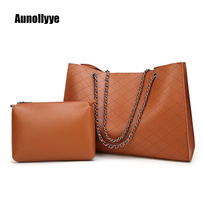 

2Pcs/set Women's Leather One-Shoulder Handbag Luxury Designer Diamond Chain High-Quality Leather Fashion Handbag Large Tote Bag