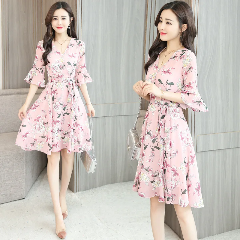 

2018 Summer Wear New Style Korean-style Chiffon V-neck Sexy Fairy Printed Mid-length Dress Women's Fashion