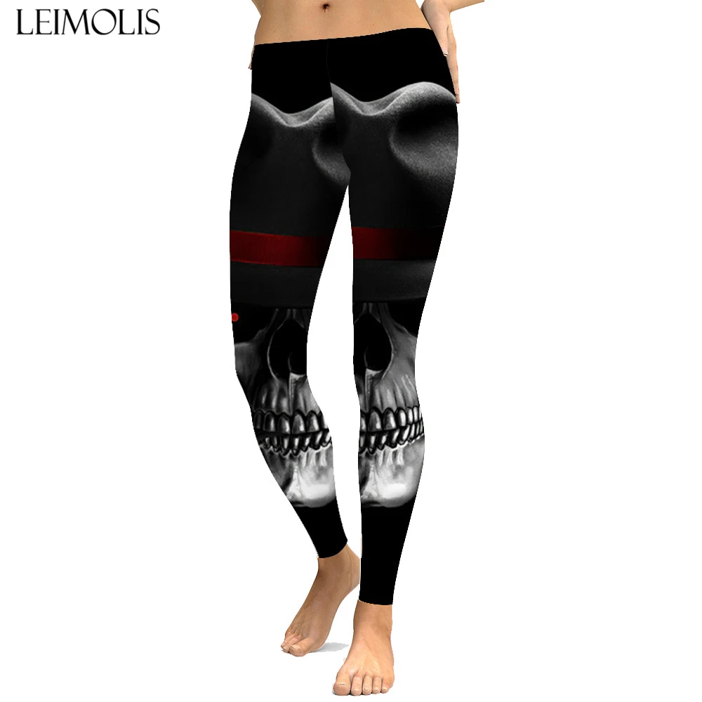

LEIMOLIS sexy Gothic gentleman Skull print push up leggings plus size women fitness workout punk high waist spandex leggins