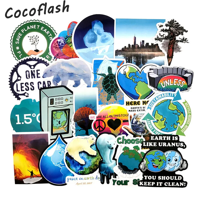 

50pcs Pack Waterproof PVC Global Warming Environmental Pollution Stickers Skateboard Luggage Motorcycle Stickers Kids Toys