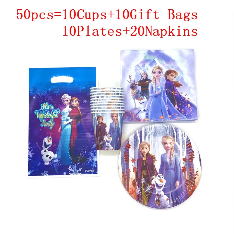 

80Pcs/50Pcs Disposable Tableware Disney Frozen 2 Anna Elsa Design Paper Plates +Cups+Napkins+Gift Bags Birthday Party Supplies