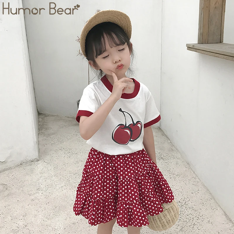 

Humor Bear 2020 Summer Girls Cherry Print Short Sleeve T-Shirt +Wine Red Polka Dot Skirt 2PCS Set Female Baby Girls Clothing