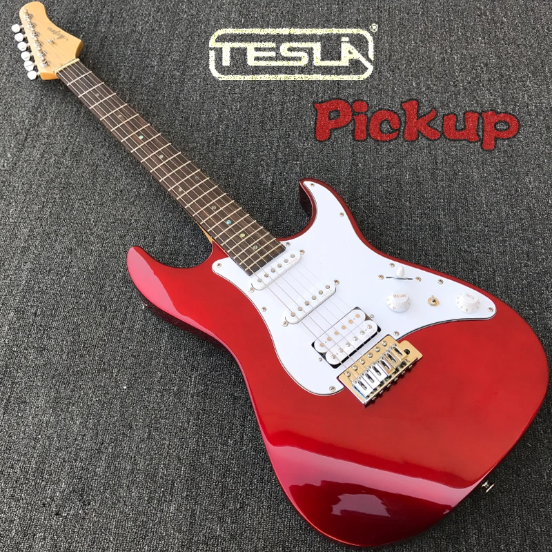 

In Stock Acepro Electric Guitar with Tesla Pickups, High quality Metallic Red Guitar, Abalone dots inlays