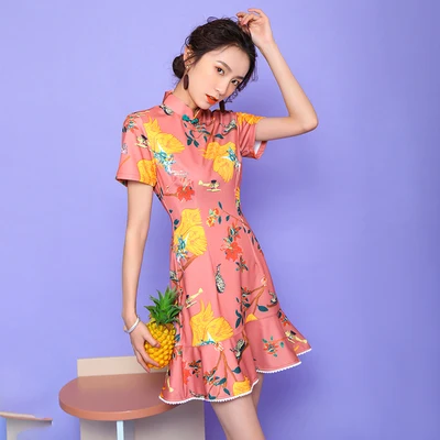 Летнее женское элегантное традиционное китайское платье с модным принтом Ципао, тонкое современное платье чонсам, Женские Повседневные Вечерние платья Qi pao - Цвет: Photo Color