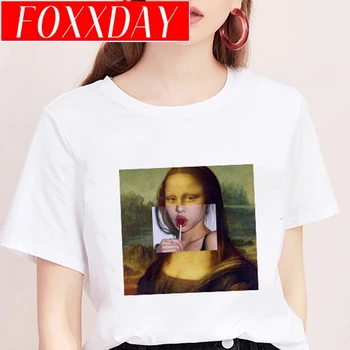

Mona Lisa T shirt Women spoof personality fashion Tshirt summer 2019 Harajuku aesthetics Short Sleeve White Tops Female T-shirt