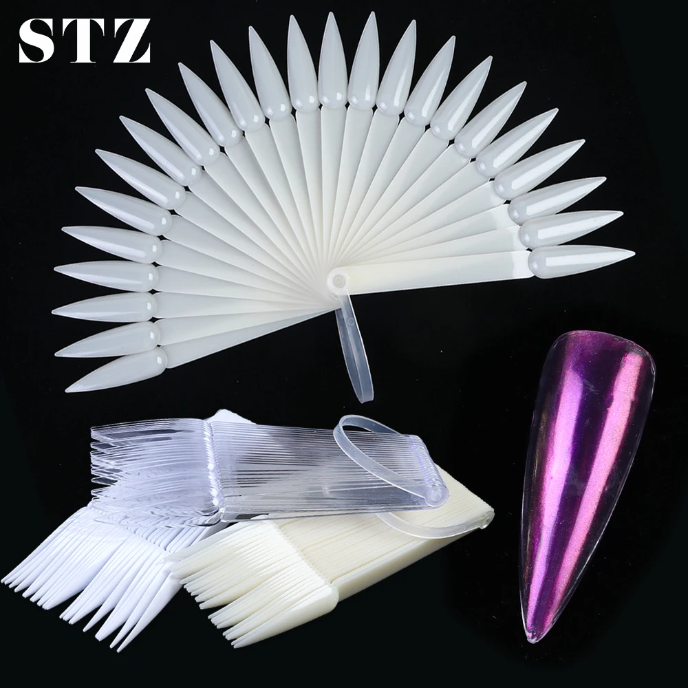 STZ набор из 24 наконечников, Острые кончики для маникюра, Гель-лак, дисплей, природа, чистый белый цвет, образцы для ногтей, пластиковые тренировочные инструменты, форма вентилятора#1503-1