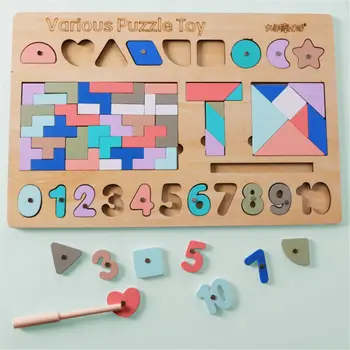 

5 in 1 Colorful Wooden Tangram Brain Teaser Puzzle Toys Tetris Game Preschool Magination Intellectual Educational Kid Toy