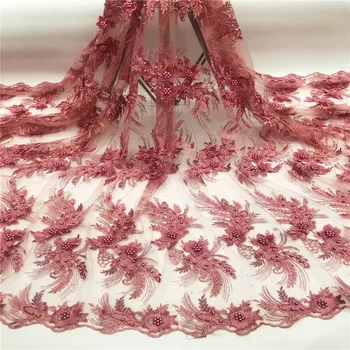 

Pink french lace fabric african net lace fabric with stones 3d flower applique high quality for wedding dress 5yard/lot