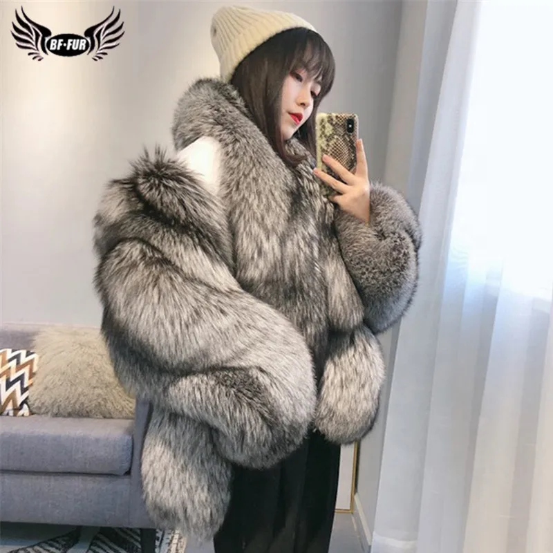 

BFFUR Winter Fashion Real Silver Fox Fur Coat V-Neck Natural Whole Skin Genuine Fox Fur Jackets Women Warm Overcoats Plus Size