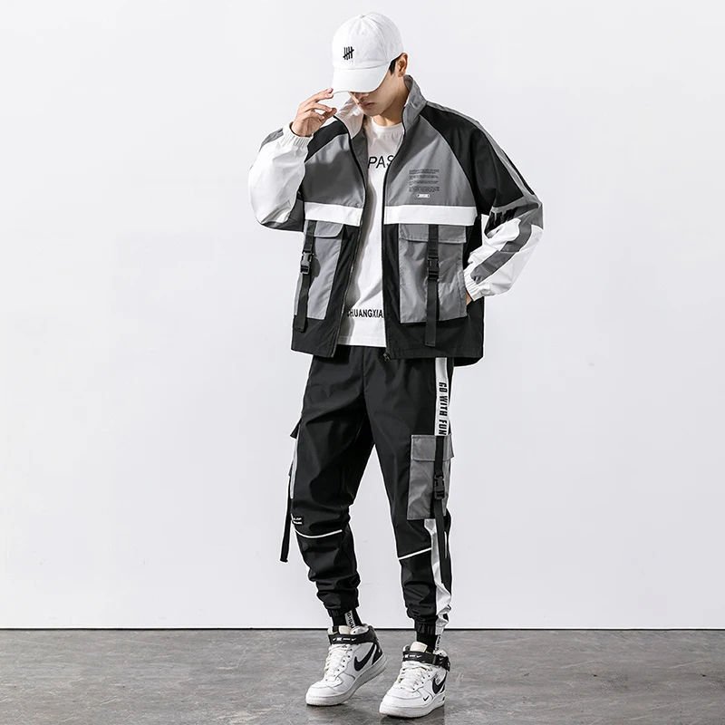 

Men Sets Hip Hop trousers+jacket Suits Fashion High Street Tees Summer Streetwear Joggers Trousers Set Fashion men's sportswear