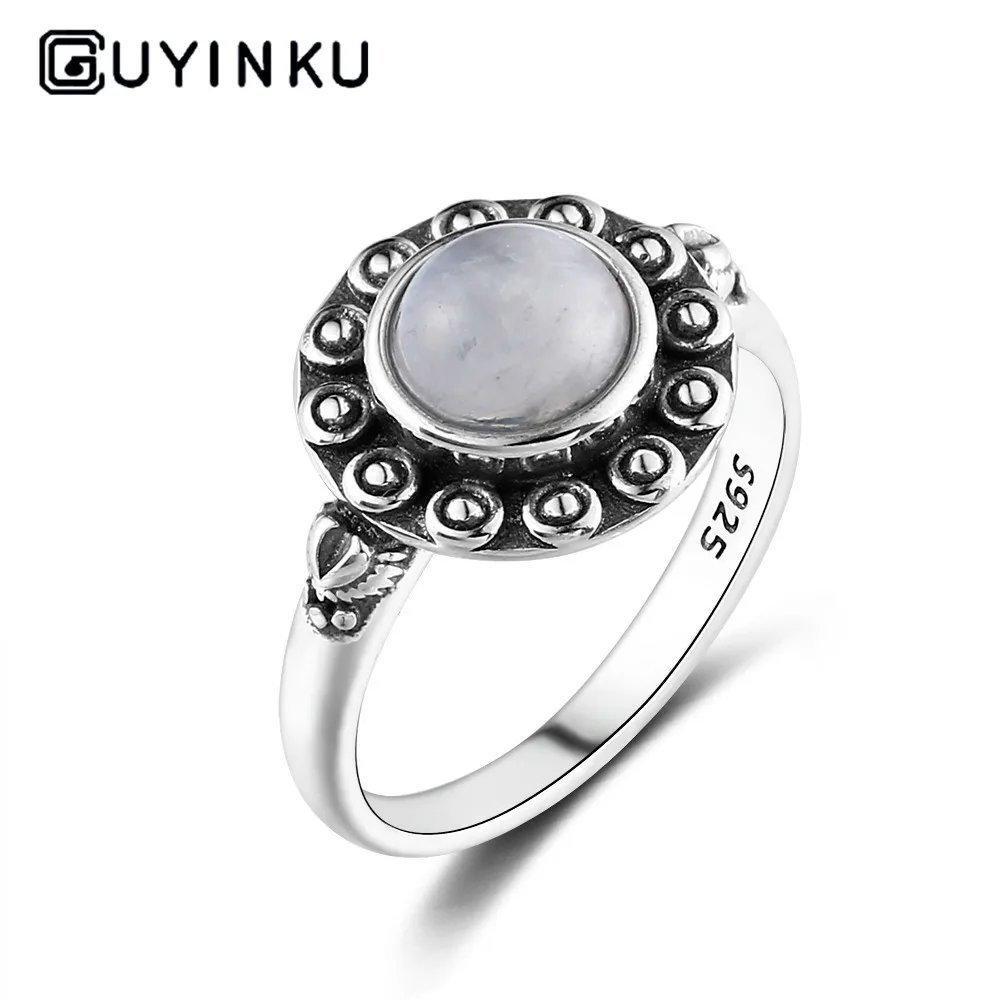 

925 Silver Ring Round 7MM Natural Moonstone and Natural Purple Dragon Crystal Retro Heart Ring Engagement Wedding Party Gift