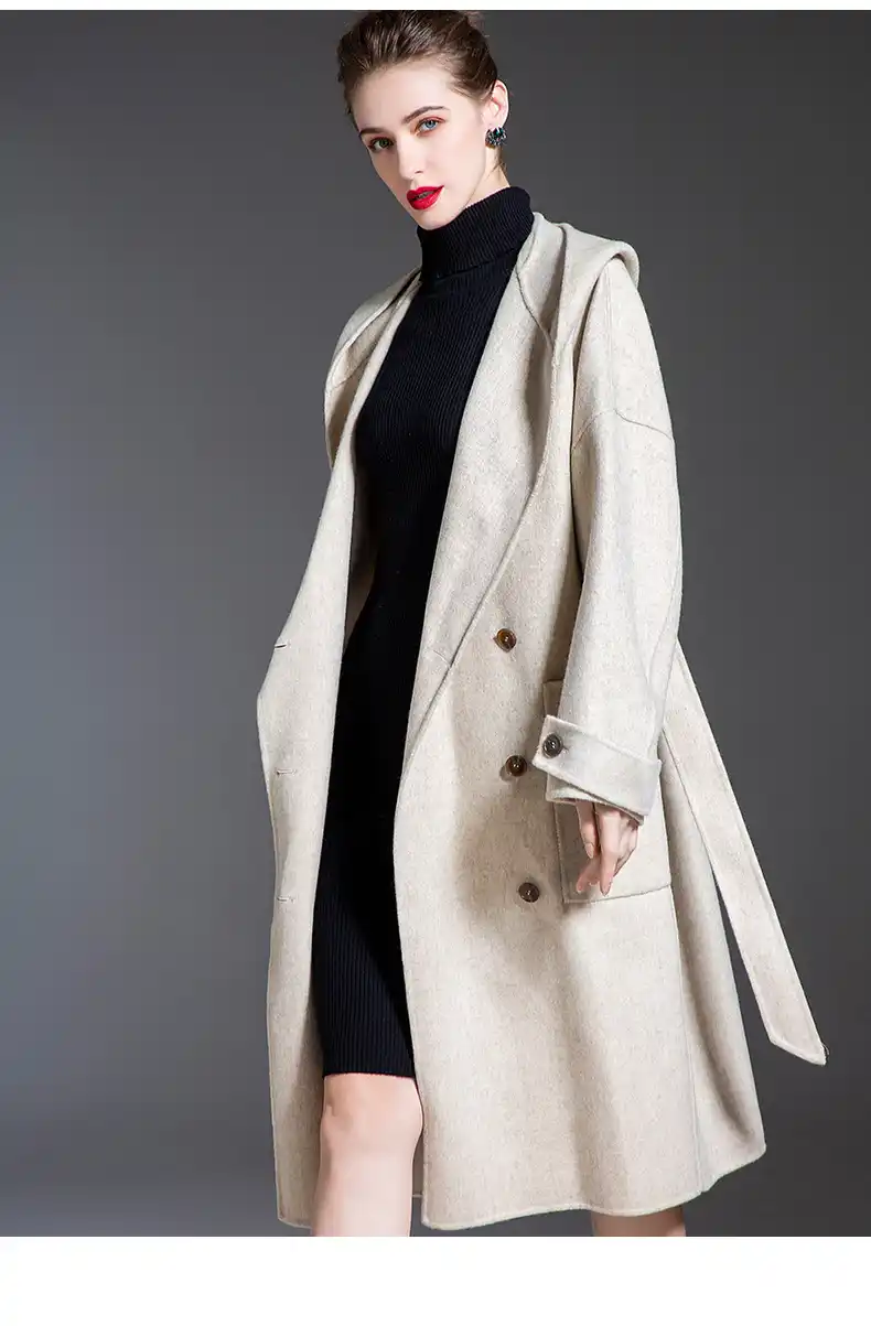 冬のカシミヤフード付きコートの女性カジュアルルース手作りジャケット両面ウールジャケット オーバーサイズのウールコート服オーバーコート ウール混紡 Aliexpress