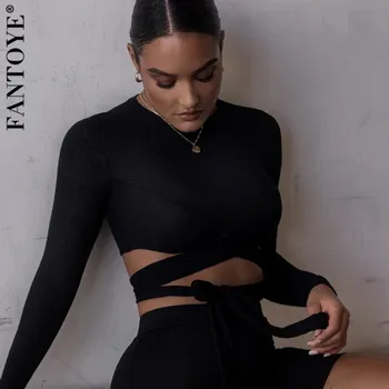 

FANTOYE Lace Up O Neck Cotton Crop Top Women Skinny Black Backless Short Tank Top Solid Female Camis Tops Autumn