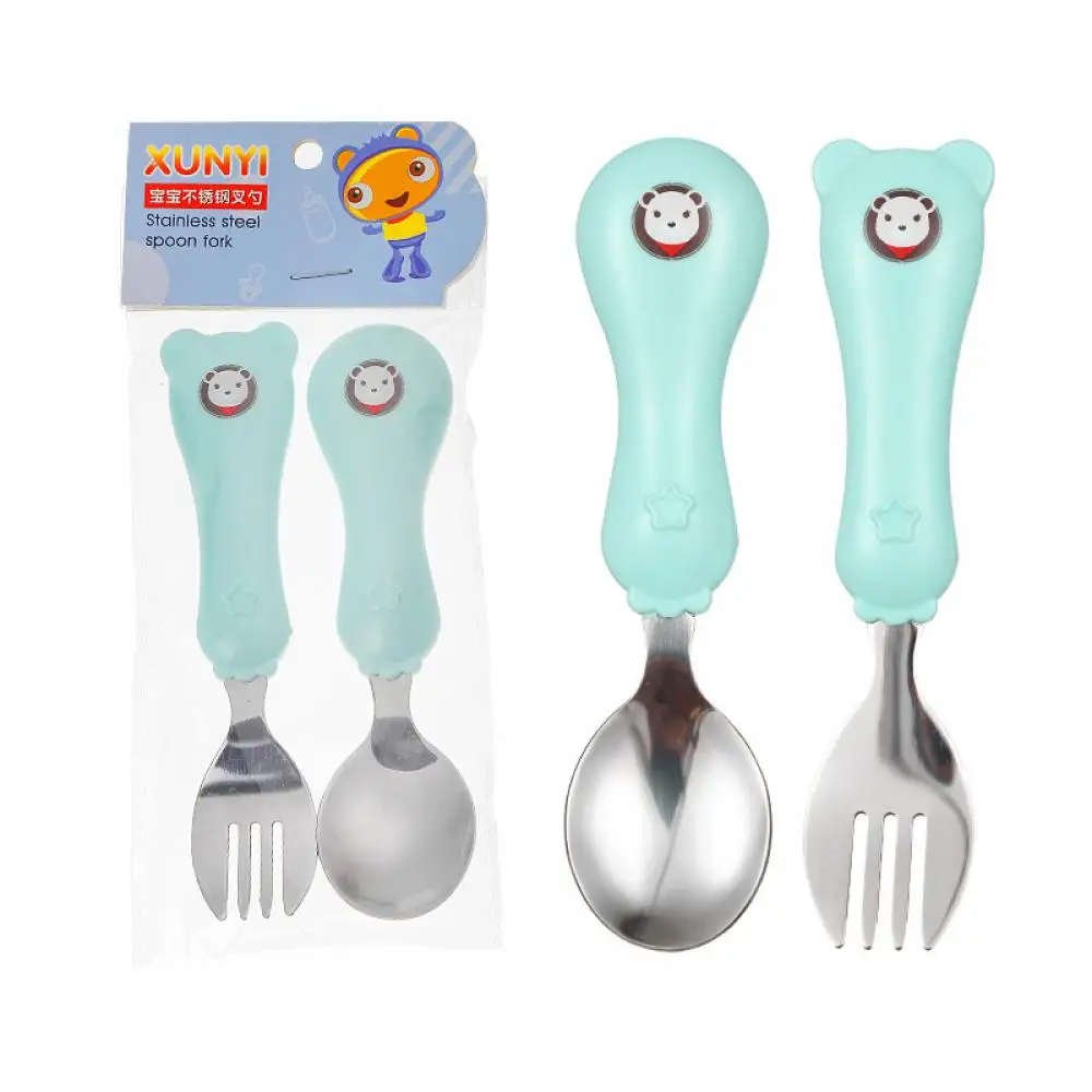 

Wholesale 2020 Fashion Infant Spoon + Fork Baby Feeding Cartoon White Bear Chlidren's Stainless Steel Tableware Accesories Set