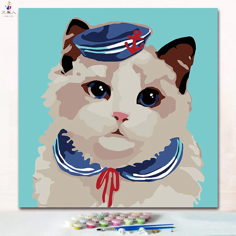 The cut cat with cap diy digital oil painting coloring numbers pictures by kits on canvas for children practise | Дом и сад