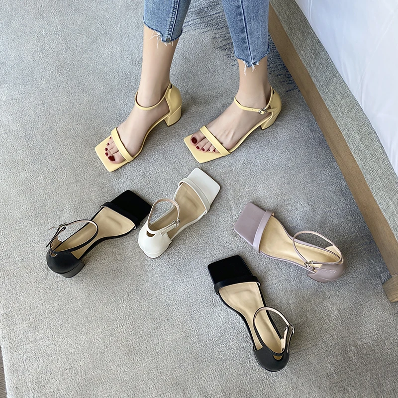 

MEZEREON Brand Design Summer Sandals Cow Leather Pumps Fashion Buckle Strap Women Shoes Square Toe High Heels 7 CM TPR Bottom