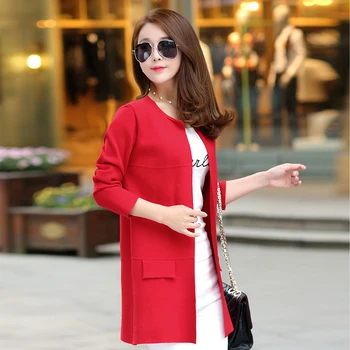 

2020 Autumn Winter Fashion New Long Sleeve Sweaters Womens Red Gray Long Knitted Female Cardigan Women's Trench Size 2XL 3XL