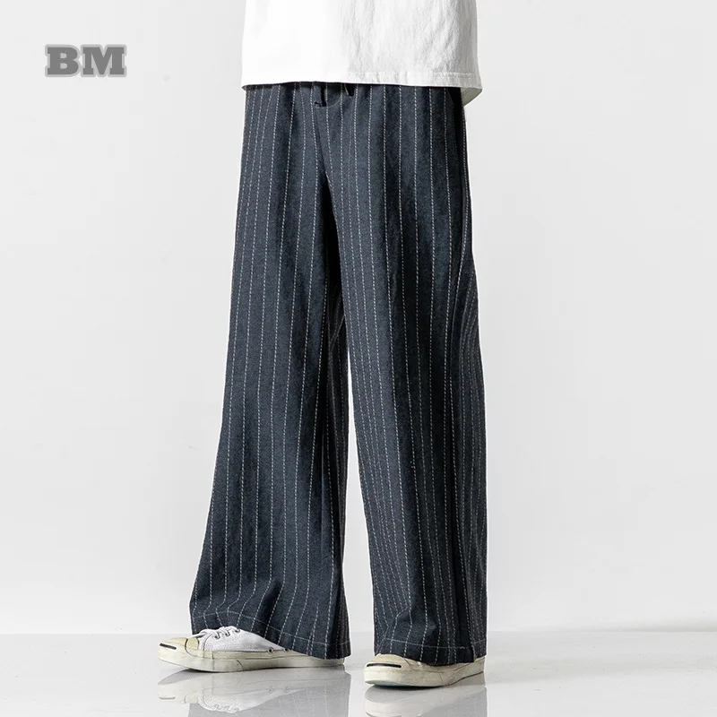 

2021 Chinese Style Linen Loose Plus Size Straight Wide-Leg Pants Autumn Tai Chi Kung Fu Striped Casual Trousers Men Clothing