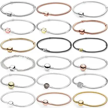 

100% 925 Sterling Silver Moments Pave Signature Barrel & Ball Clasp Snake Chain Bracelet Fit fashion Charm trendy DIY jewelry