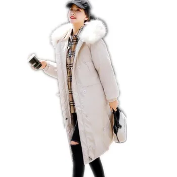 

Thick Winter Women Parkas Medium-Long Cotton-Padded Coat Female Hooded Large Fur Collar Women Loose Button Parkas 2019 New H065