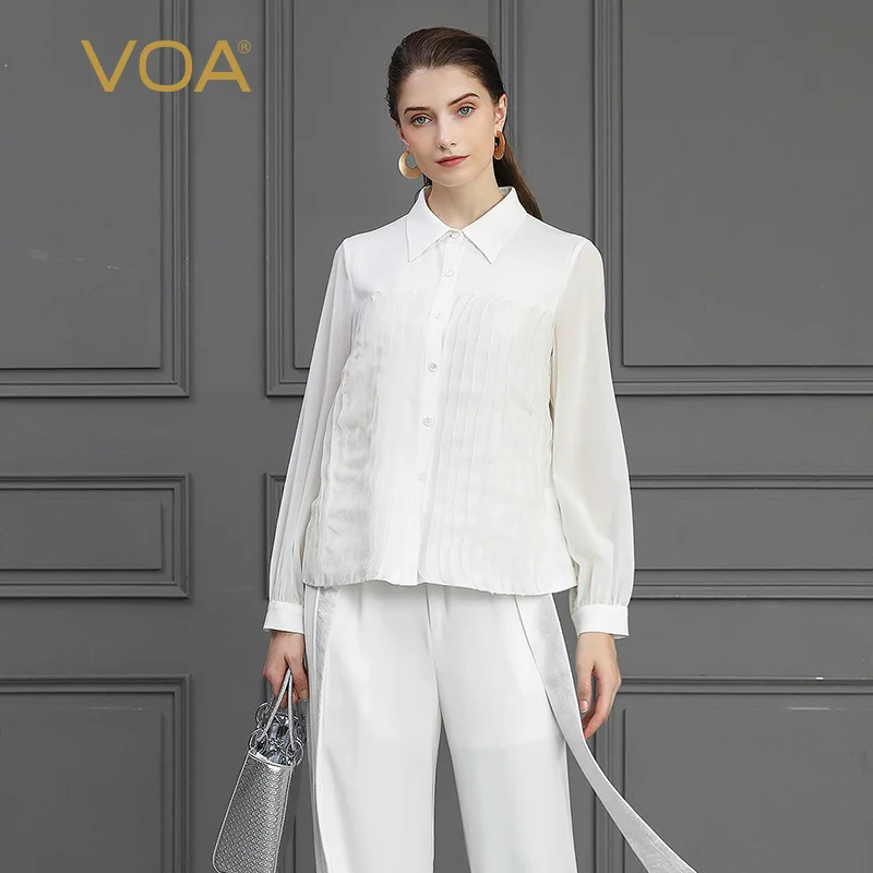 

VOA Closest Cuff Single Row Cinch Ogan Yarn Loose-leaf Splicing Simple White-collar Silk Shirt B806