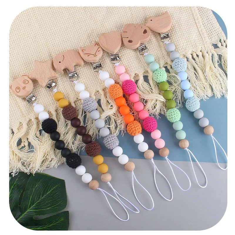 1pcs Leaf Star Panda Elephant Beech Wooden Pacifiers Holder Silicone Beads Teething Chew Bottle Strap | Мать и ребенок