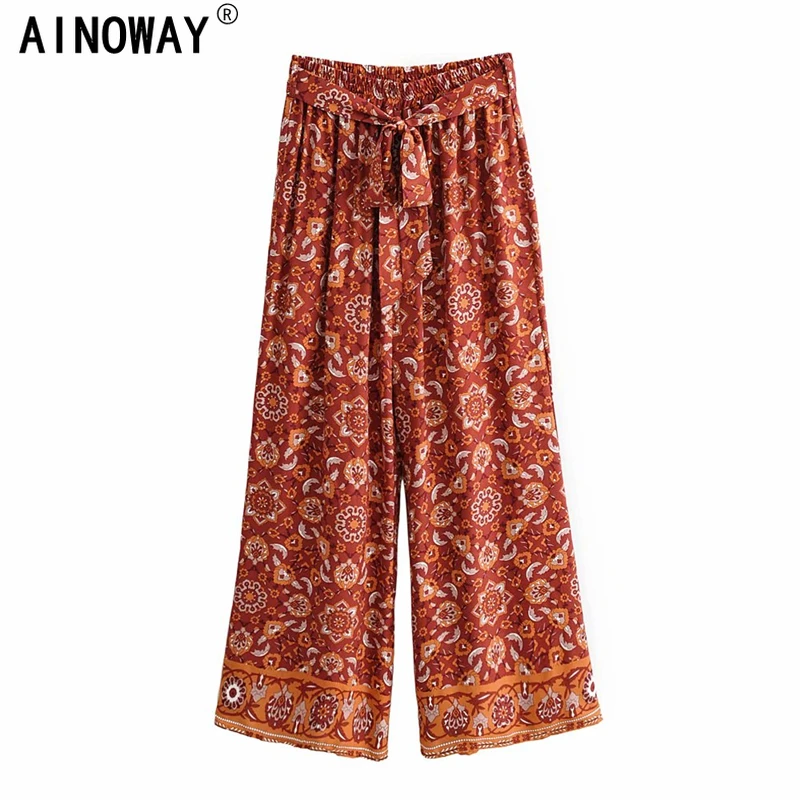 Винтажные шикарные женские широкие брюки с цветочным принтом богемные happie