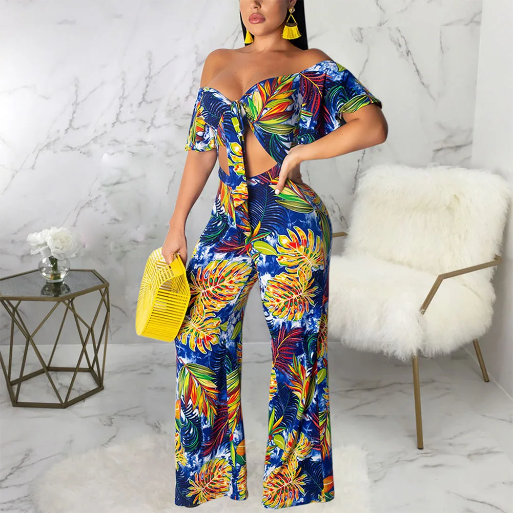 

Fadzeco Women 2 Piece Outfits Jumpsuit Tree Print Sexy Short Sleeve Off Shoulder Crop Tops High Waist Wide Leg Long Pants Set