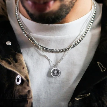 

MAN LAYERED NECKLACE WITH MIXED PENDANTS AND CUBA LINK CHAIN STAINLESS STEEL MENS WEAR JEWELRY