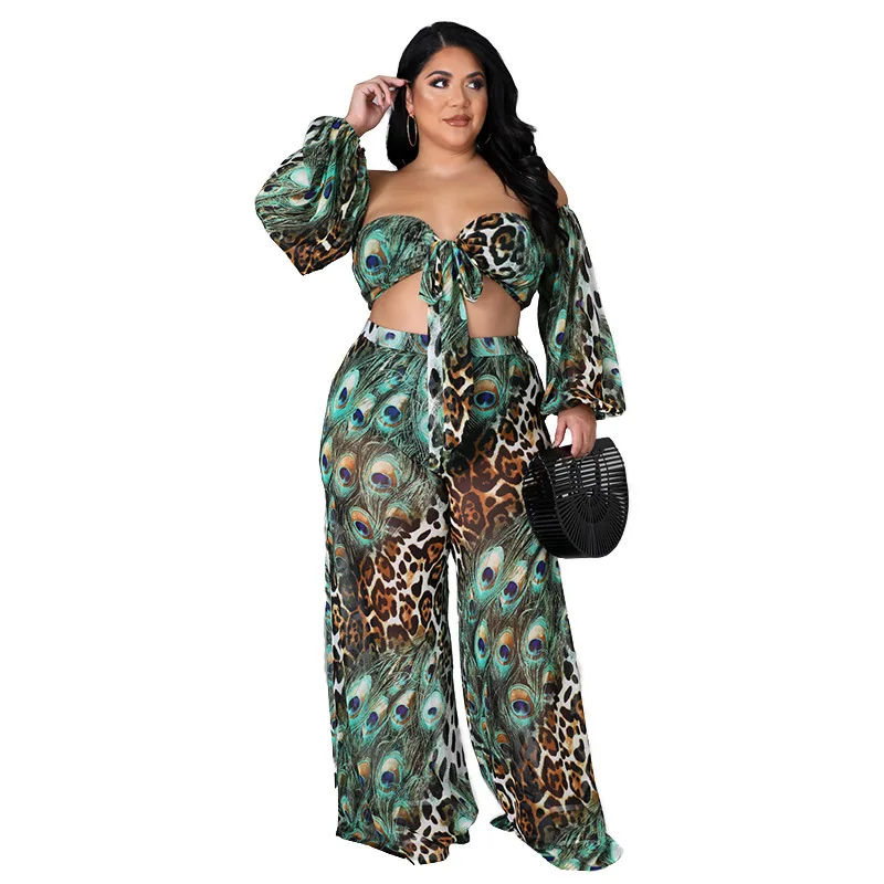 Ladies Suit Sexy Ultra Short Tube Top + Loose Wide-Leg Pants Two-Piece Set 2021 Autumn Dashiki Print Casual Women