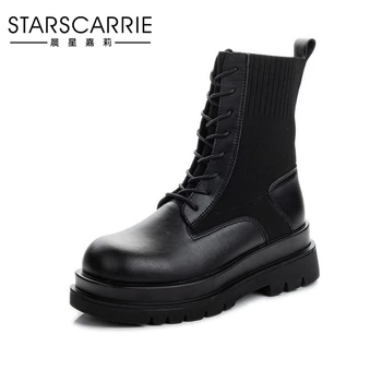 

Platform Martin Boots Women Genuine Leather Lace-Up Boots Thick Sole Knitted Stretch Boots Autumn Winter Shoes