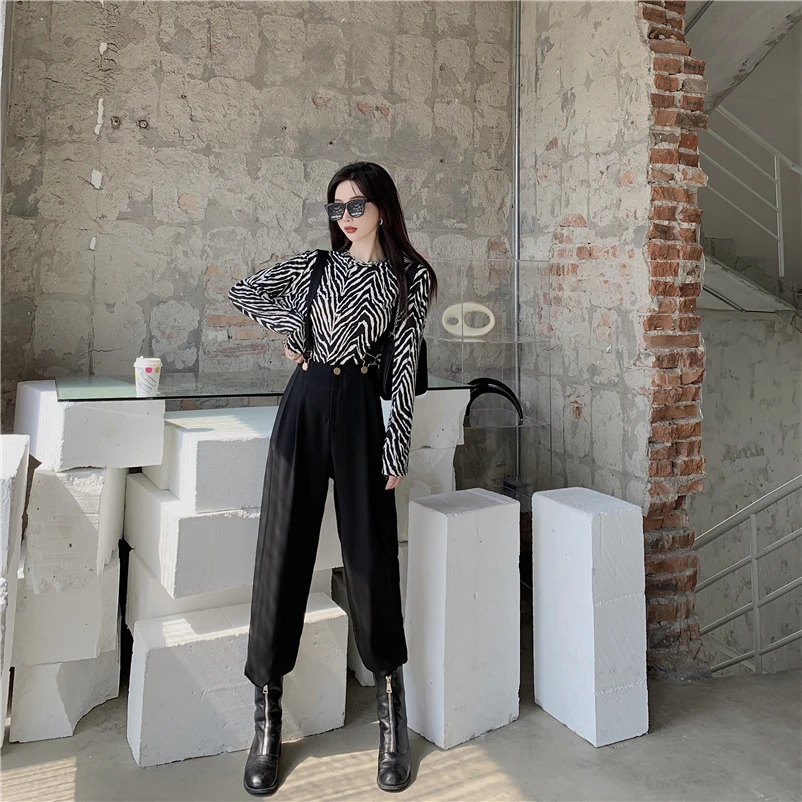 

JXMYY 2020Spring and Autumn Retro Zebra Print Loose Long Sleeve T-Shirt Female + Black High Waist Wide Leg Harem Sling Pants