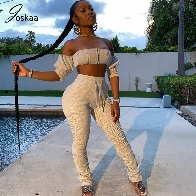 

Joskaa Patchwork Off Shoulder Crop Top and Stacked Leggings Matching Sets Sexy 2 Piece Sets Womens Summer Club Outfits