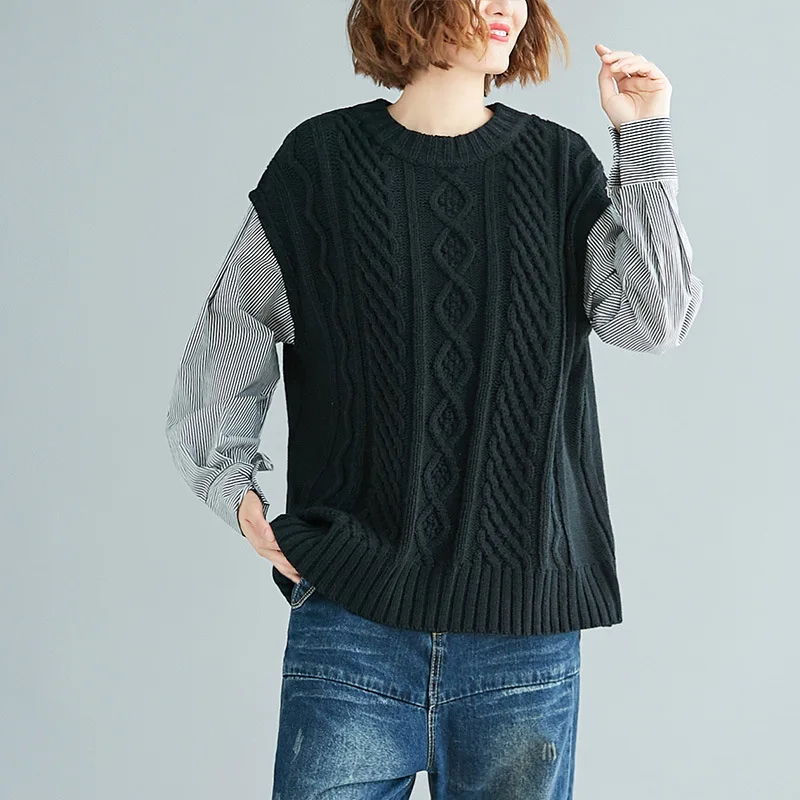 

Johnature Casual Sweaters Patchwork O-neck Pullovers Women Clothes 2019 New Autumn Full Sleeve Leisure Loose Women Sweater
