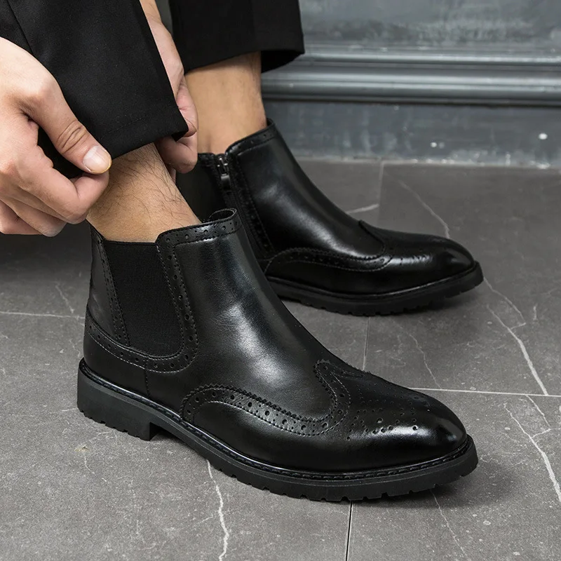 

2020 Men Boots Ankle Chelsea Leather Boot British Style Brogue Shoe Causal Work Fashion Vintage Luxury Big Size 38-48 Boot