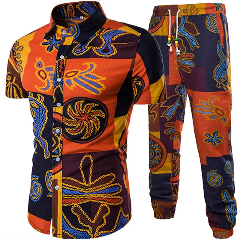 Shirts + Pants Set / 2020 Summer Fashion New Men's Casual Flower Short Sleeve Shirt + Elastic Waist Sports Trousers Shirts + Pants Set / 2020 Summer Fashion New Men's Casual Flower Short Sleeve Shirt + Elastic Waist Sports Trousers