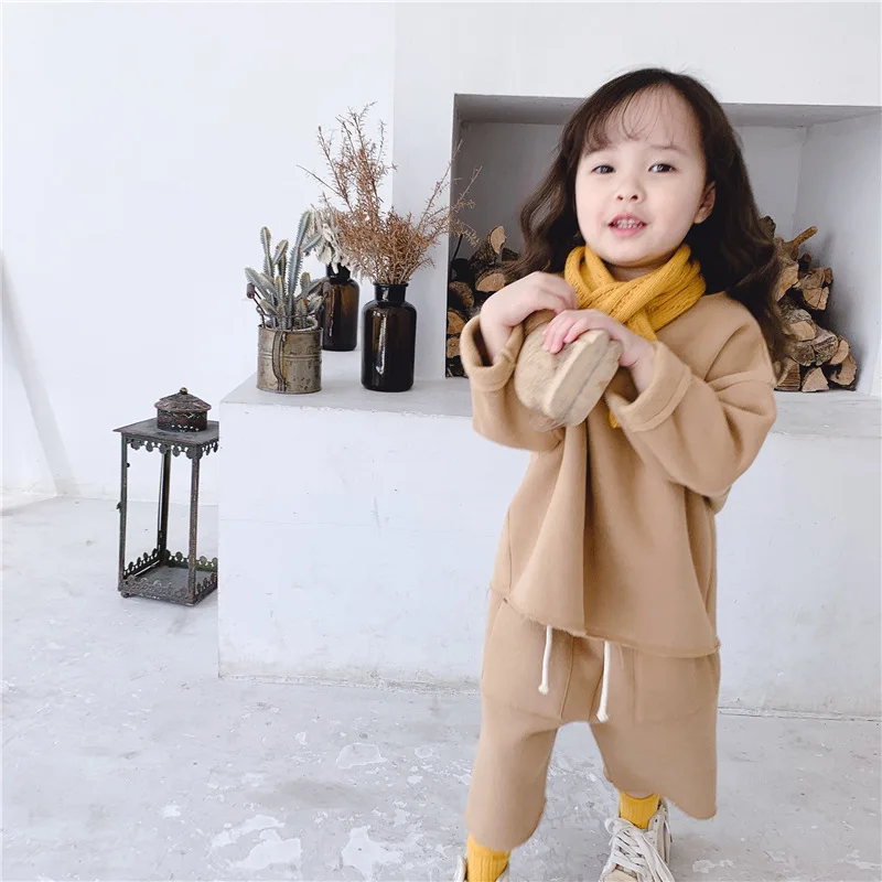 Г. Новые зимние комплекты для детей Одежда для маленьких девочек, корейские флисовые толстовки с капюшоном и широкими штанами, комплект из двух предметов для девочек