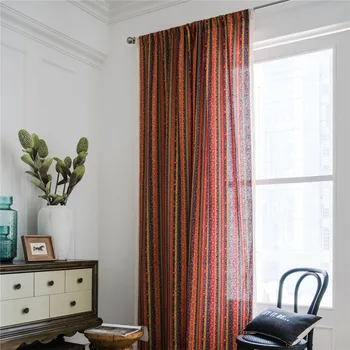

Bohemian Window Curtain Striped Printing Orange Cotton Linen Fabric Art Kitchen Half Shaded Textile