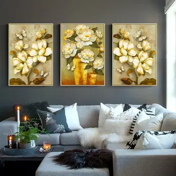 Pintura en lienzo de flor dorada para sala de estar fondo de sofá, Hotel, restaurante, posters, imágenes artísticas de pared, decoración del hogar