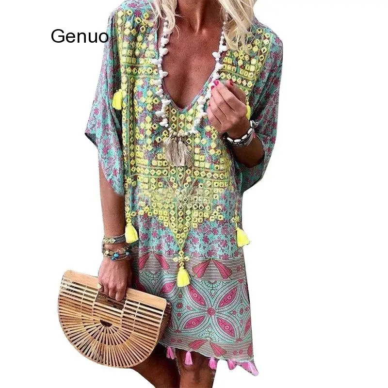 

Women Summer Dress Sexy V Neck Ladies Clothes Casual Kaftan Dress Boho Dresses For Women Sundress Loose Party Dresses