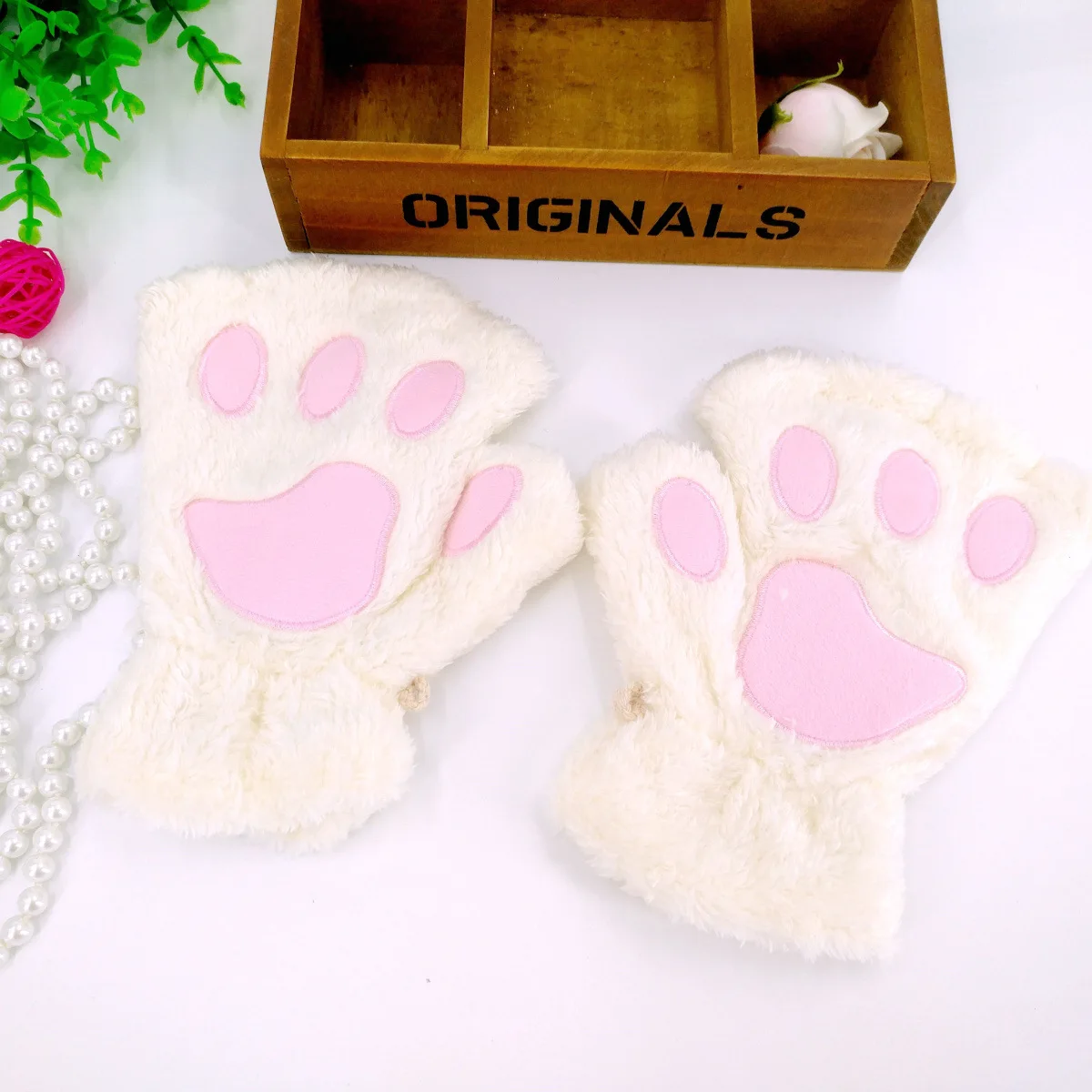 Women Girl Faux Cute Cat Wrist Fingerless Hand Winter Gloves Warmer female gloves Women Winter Warm Gloves - Цвет: Белый