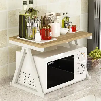 

Simple Fashion Microwave Oven Shelf Kitchen Storage Rack Multi-use Oven Spice Rack Steel+Wood Kitchen Supplies