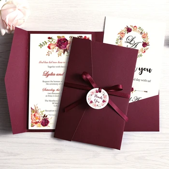 

100pcs Invitations Burgundy,Pink ,Blue Pocket Greeting Cards with Envelope Customized Party with Ribbon and Tag
