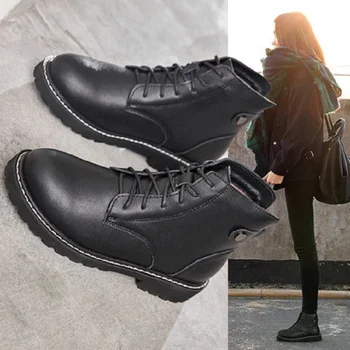 

Martin boots women 2020 new wild winter British style handsome black short boots leather plus velvet cotton shoes women's boots