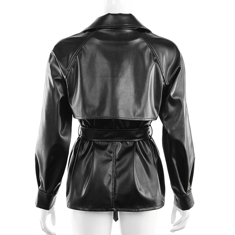 Однотонная Черная Женская куртка из искусственной кожи, зимняя модная куртка с поясом и накладными карманами, уличная верхняя одежда с отложным воротником