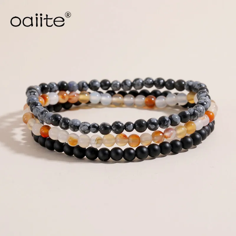 

OAIITE Natural Black Onyx Bracelet Snow Quart z Bracelet Natural 4 mm Mini Gem Stone Energy Bracelets Set Gift for Women Man
