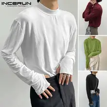 

INCERUN Tops 2021 Korean Style Men Fashion Camiseta Half High Neck Male Solid Pullover Bottoming Tees Long Sleeve T-shirts S-5XL