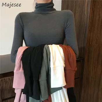 

Long Sleeve T-shirts Women Solid Elegant Turtleneck Korean Style Slim All-match Harajuku Ladies High Quality Chic Fashion Womens