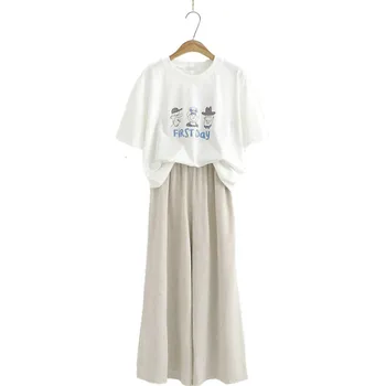 

XUANHAO Women's Two Piece Set Tops and Shorts Cotton T-shirt and Elastic Waist Wide Leg Pants Set Sweet Girls Clothng Sets